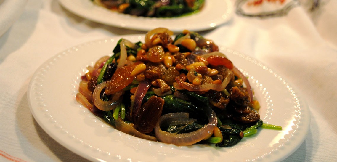 Warm Spinach Salad with Pine Nuts and Raisins Recipe