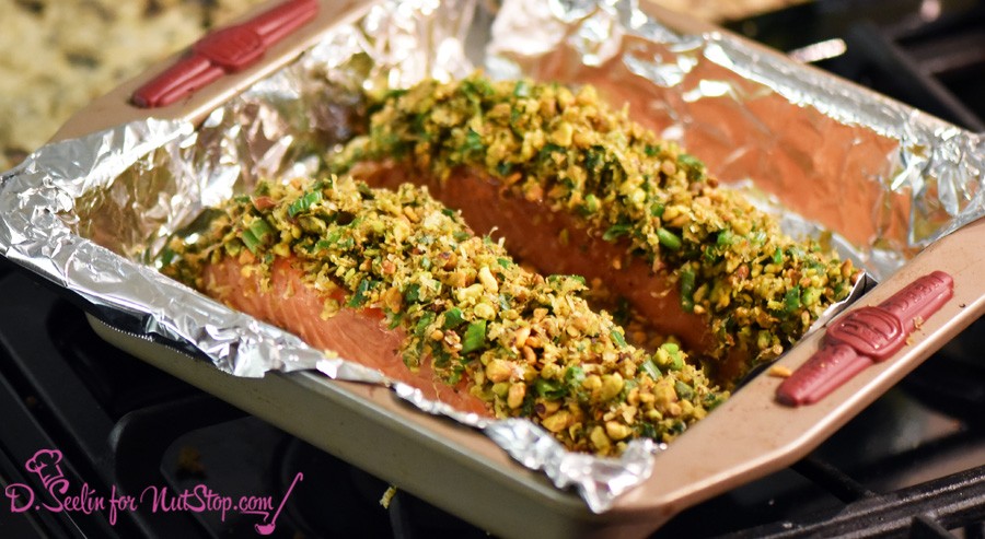pistachio salmon in a baking tray